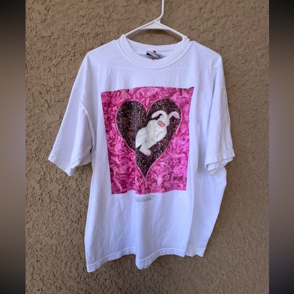 Vintage Anne Geddes Baby Bunny Heart Graphic Tee White 90s Style T-Shirt Men’s L